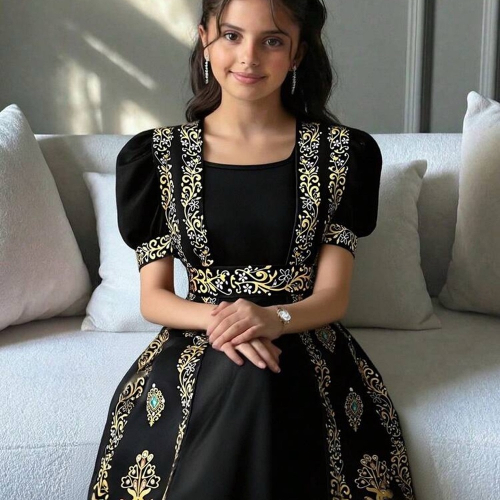 Black Embroidered Puff-Sleeve Dress
